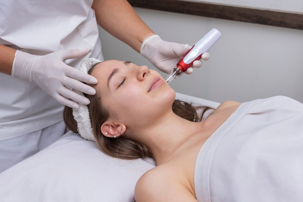 A Woman Is Pointing At Her Eyebrows With Her Finger — Advanced Cosmetic & Beauty Clinic in Bundaberg South, QLD