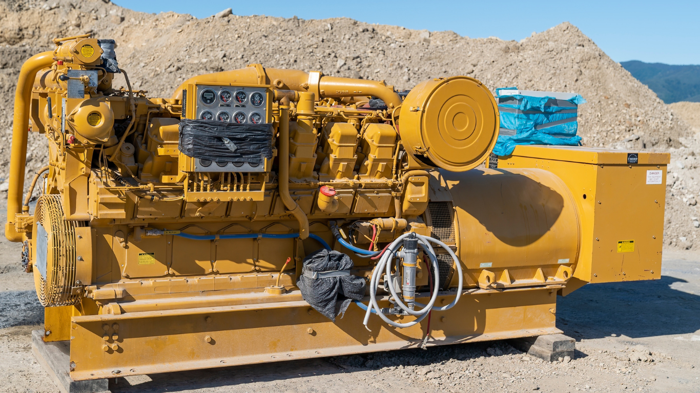 Yellow industrial generator in a dirt setting.