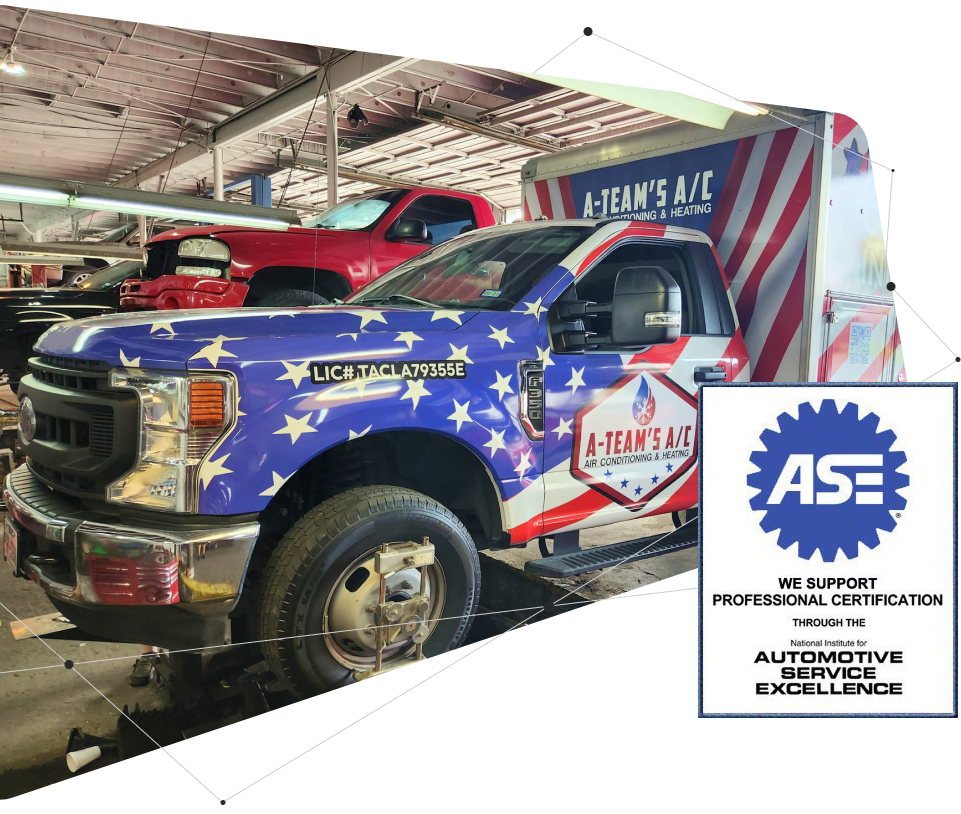 Truck with an American flag design parked in a garage with the company's logo and an ASE certification logo.