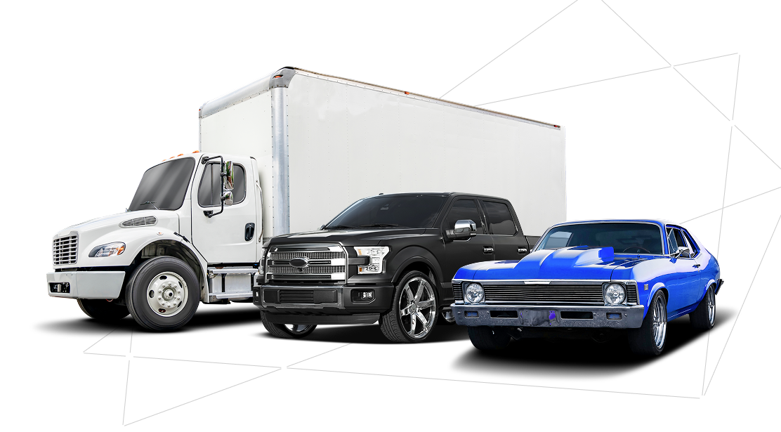 White box truck, black pickup truck, and blue classic car.
