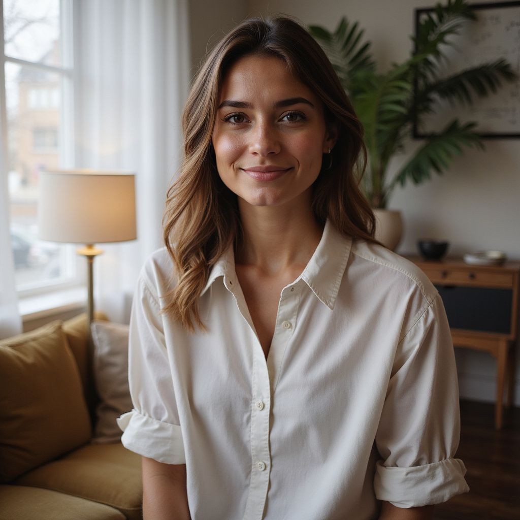 Woman in white shirt, smiling, seated on a yellow sofa in a well-lit living room with a window and plants.
