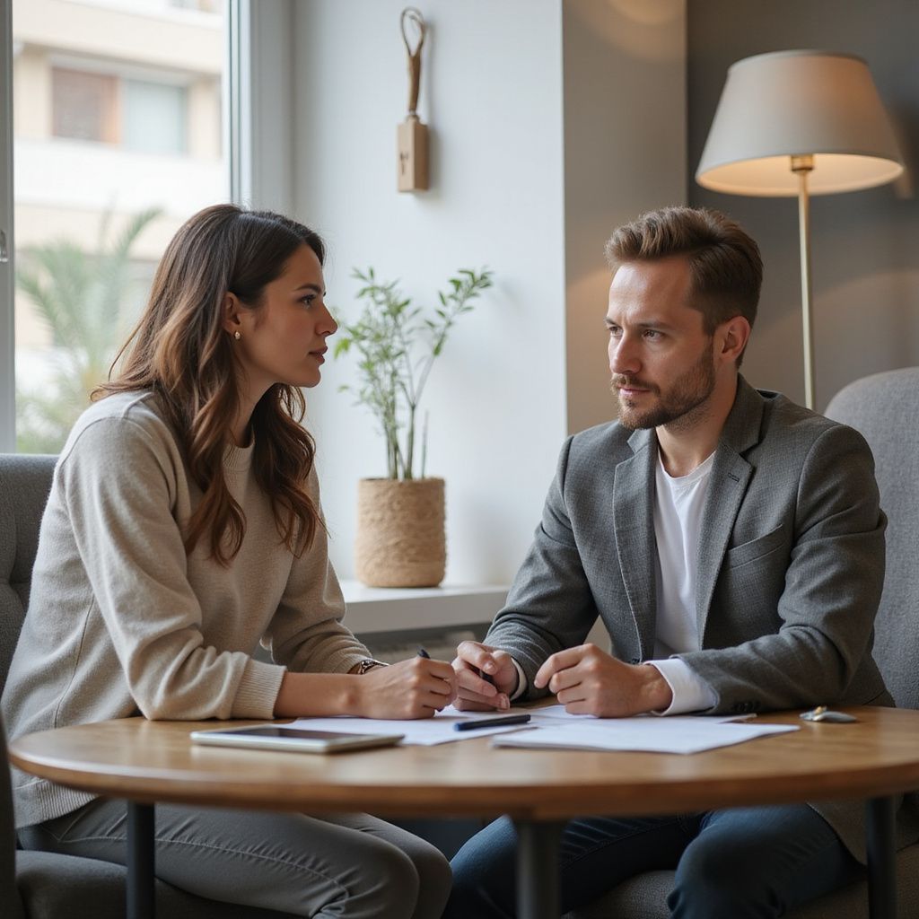 Woman and man seated at a round table, discussing documents. Window and lamp in background.
