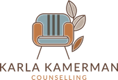 Logo: Brown and blue armchair with leaves, 