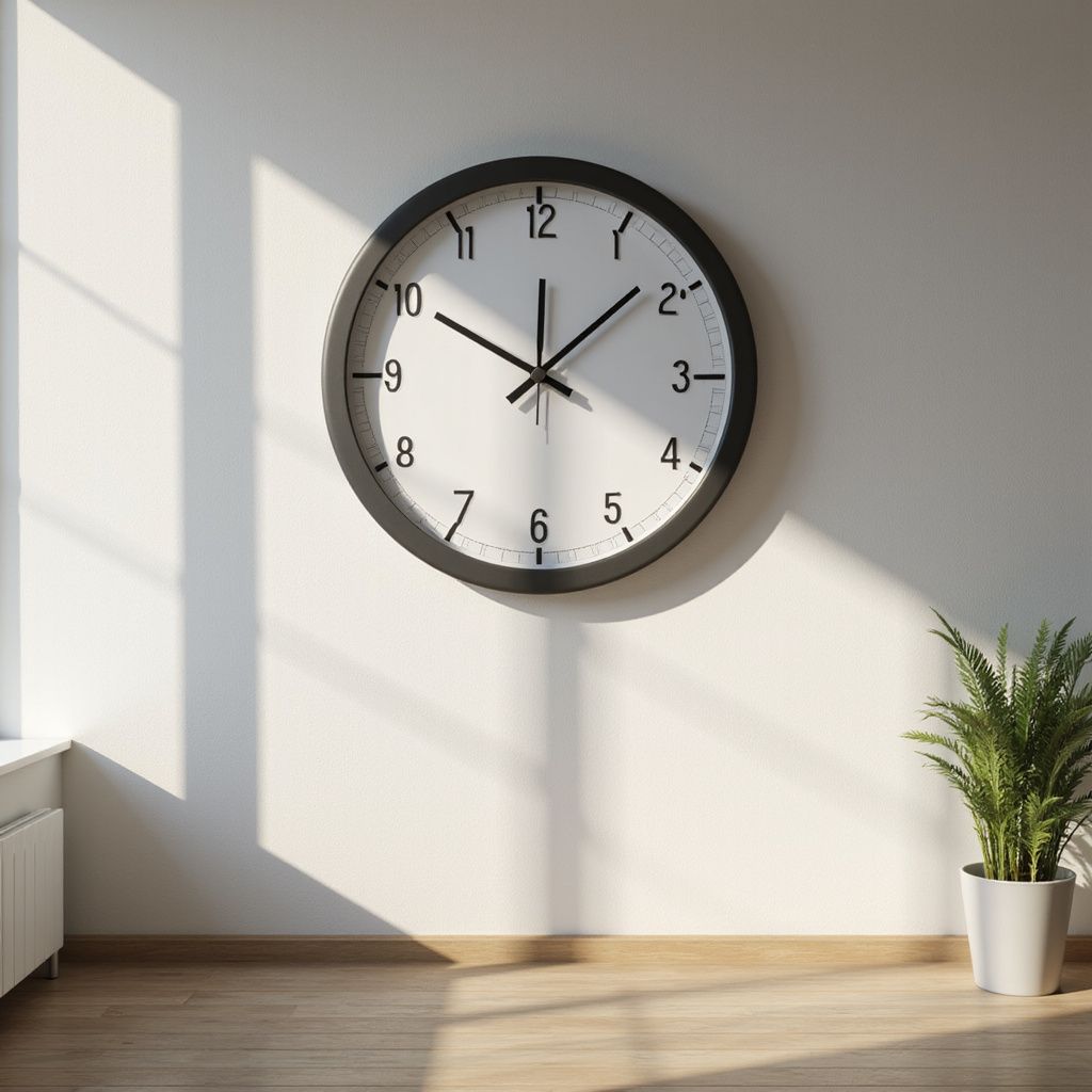Clock on white wall, casting shadows; potted plant on right.