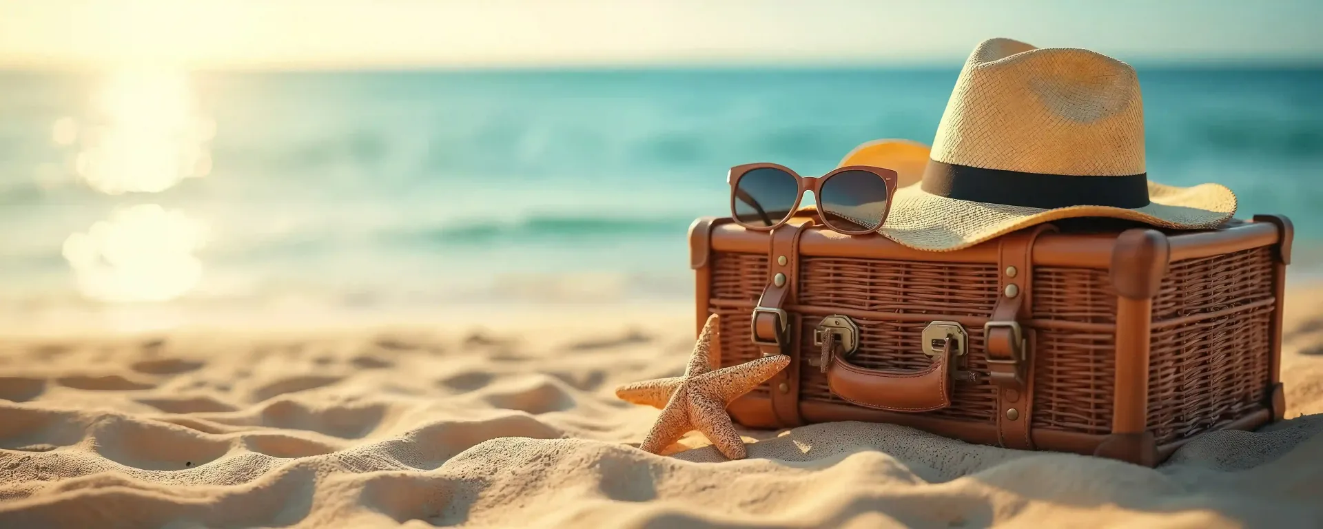 Maleta de viaje sobre la arena frente al mar, accesorios de playa listos para unas vacaciones en San Andrés.