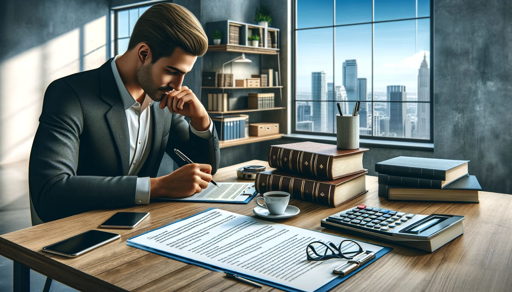 Let Prosperity Property Management deal with the headache of screening tenants for you! Man sitting at a table reviewing documents alongside law books.