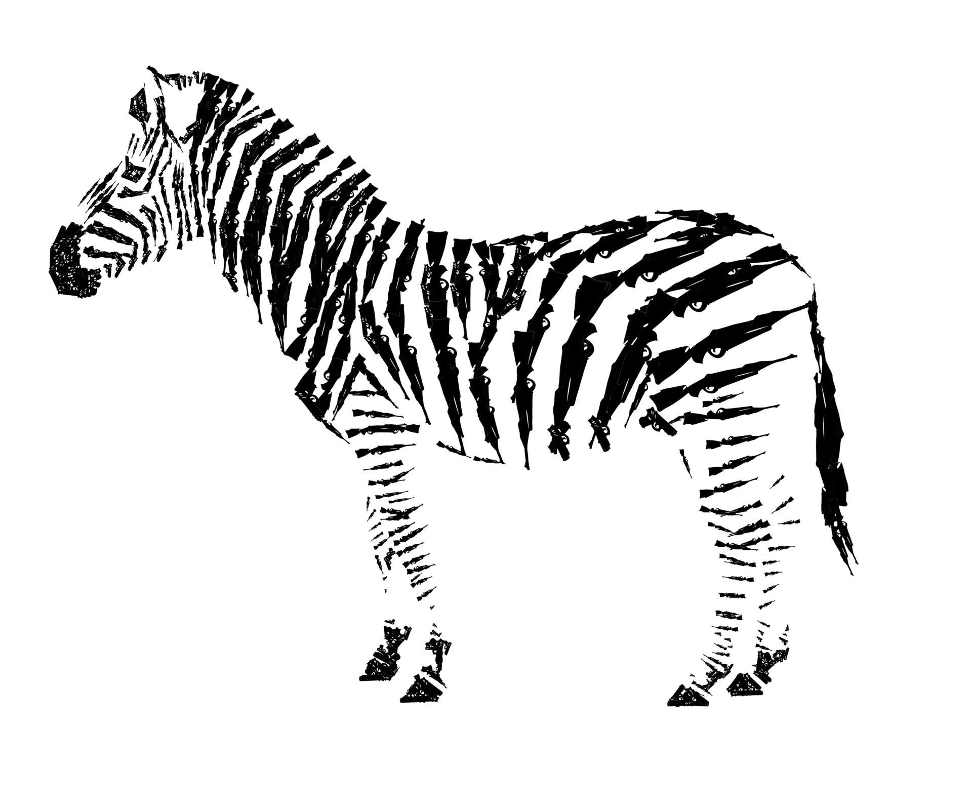 a black and white zebra is standing on a white background.
