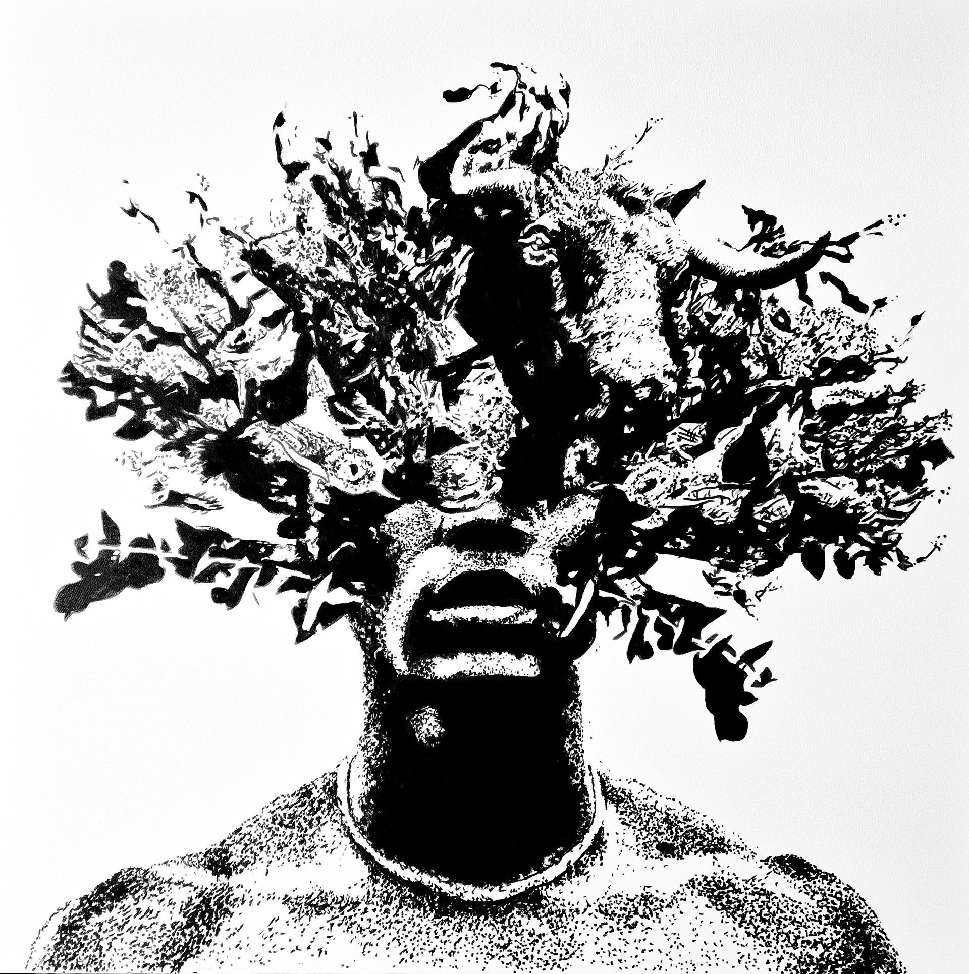 A black and white painting of a man with a minotaur in his hair