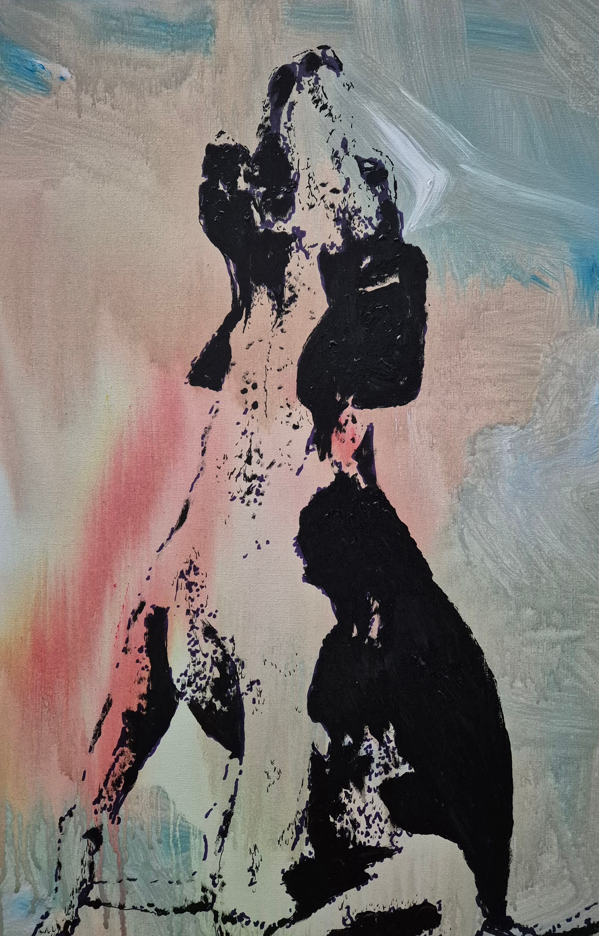 A painterly, high-contrast black-and-white depiction of a dog howling, set against a soft, abstract blue and pink background.