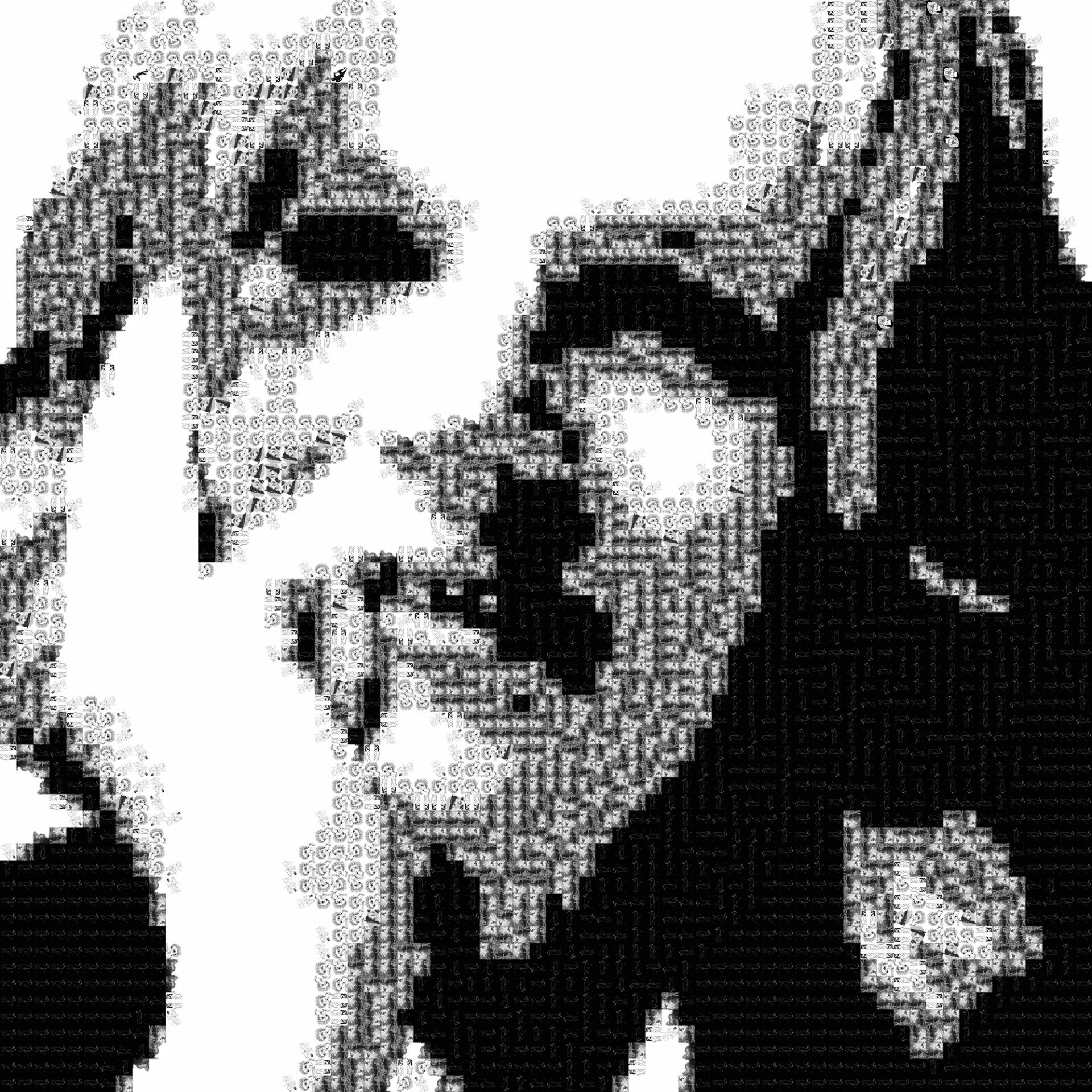 a black and white portrait of a person's face made up of small photographs.