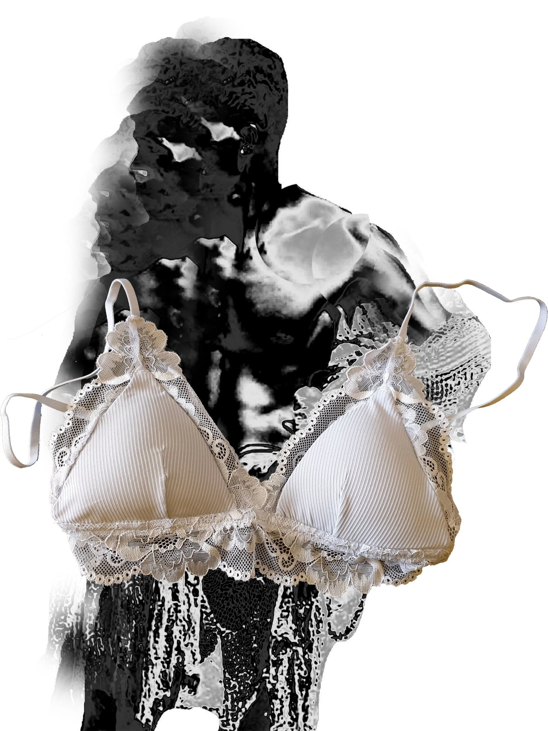 a black-and-white photo of a man wearing a white bra