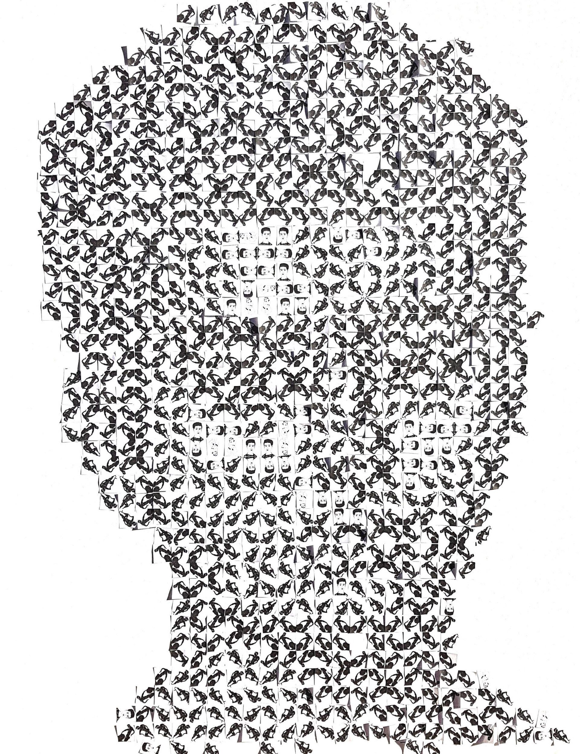 a black and white collage of an Etruscan head made up of small figures by artist Garbade.