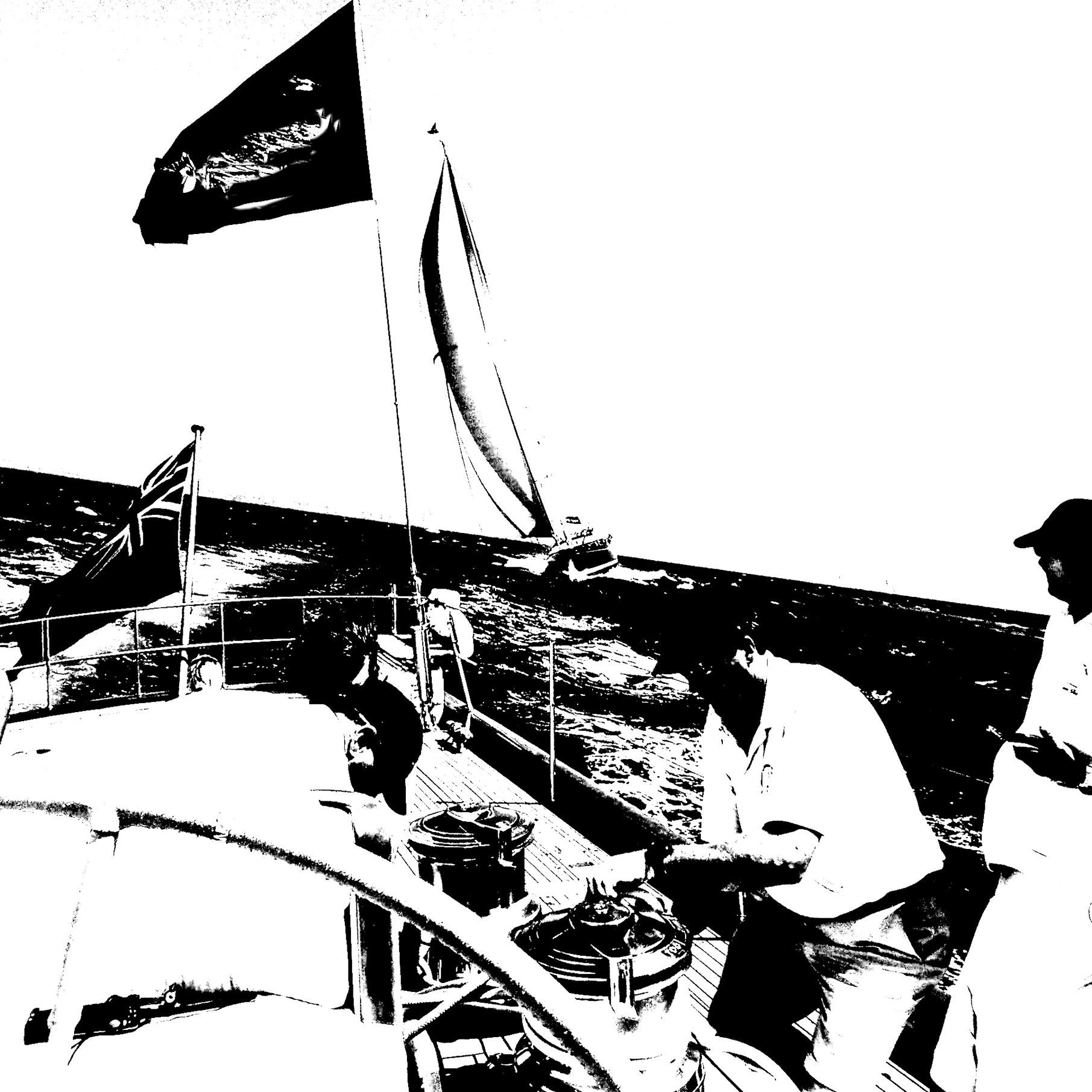 People sailing on a boat. Flags fly in the wind as the crew steers, by Garbade