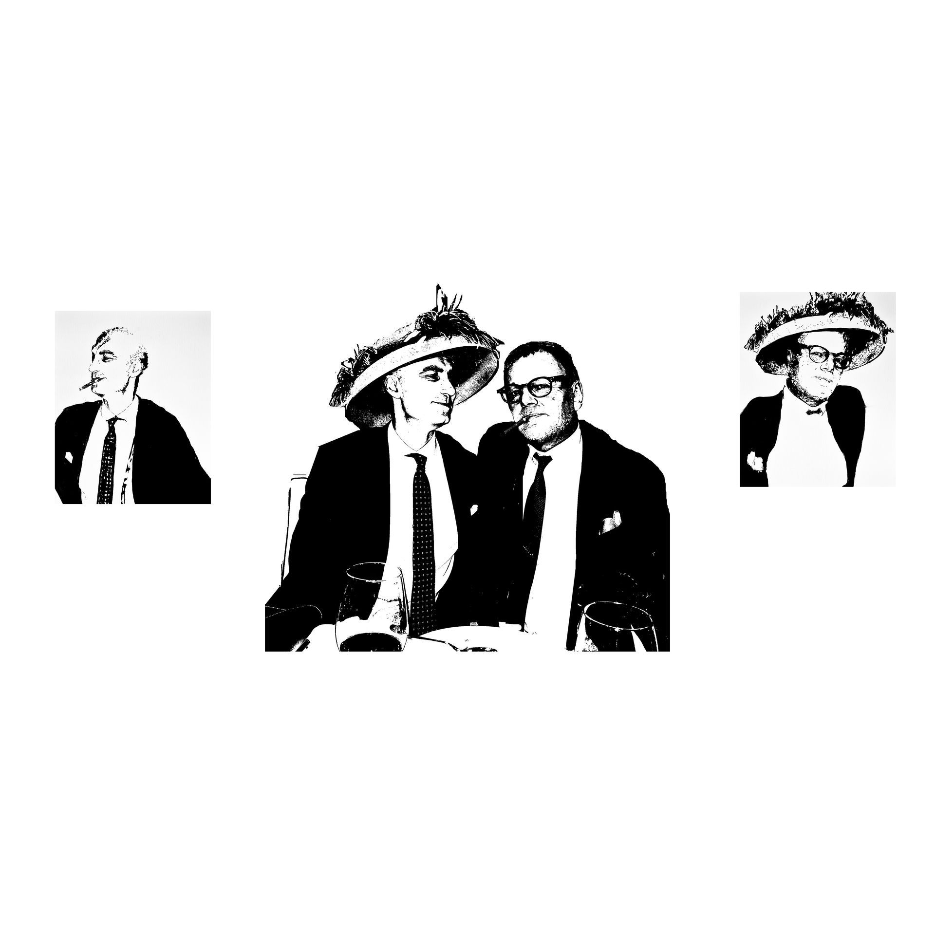 Three black and white portraits of men in suits. Center image: Two men with a flamboyant hat.