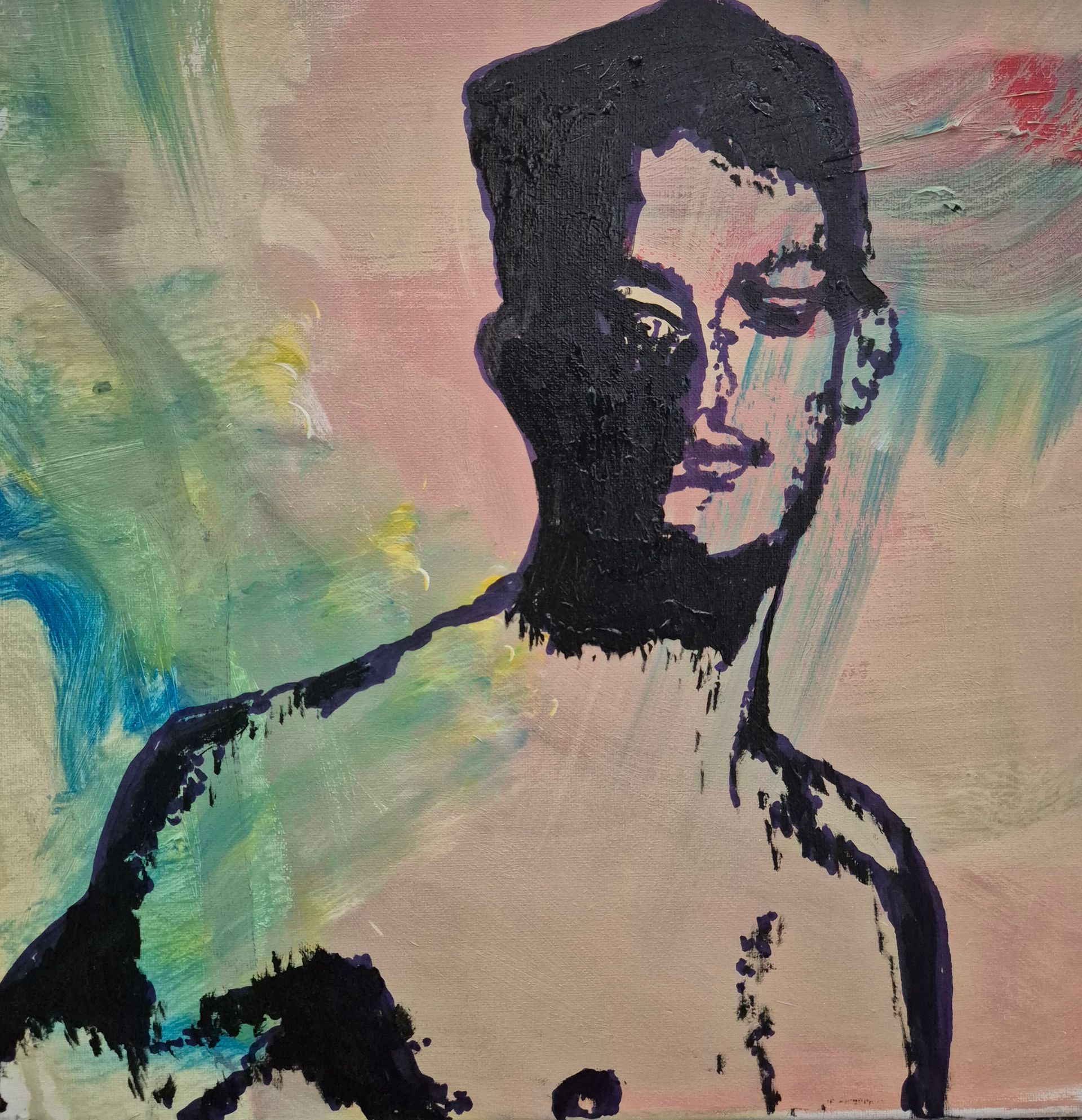 painted portrait of a bare-chested person with dark hair on a pastel multicolor background