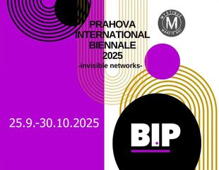Poster for the Praha International Biennale 2025. Purple, gold, and black graphics. Dates 25.9.-30.10.2025.