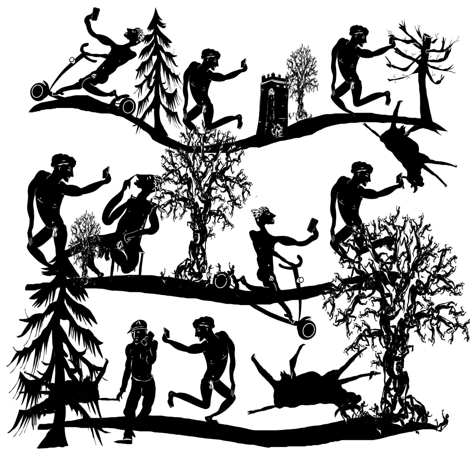 a black-and-white silhouette of a group of people standing on trees.
