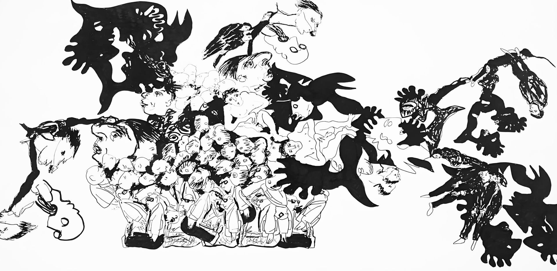 a black and white drawing of a group of animals