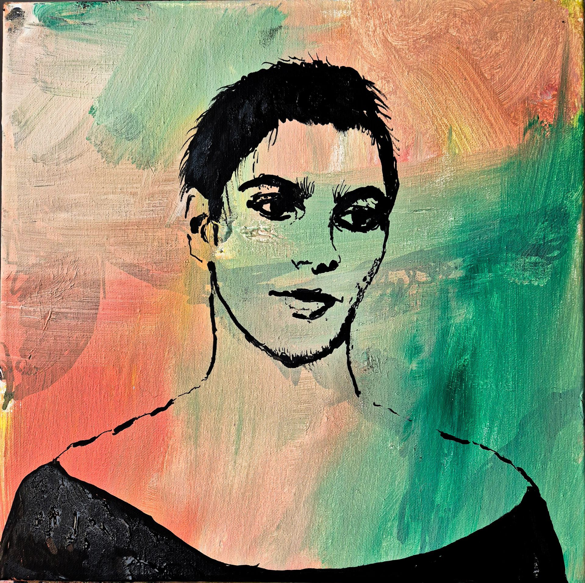 Stylized portrait of a person with short dark hair against a colorful green, pink, and orange background