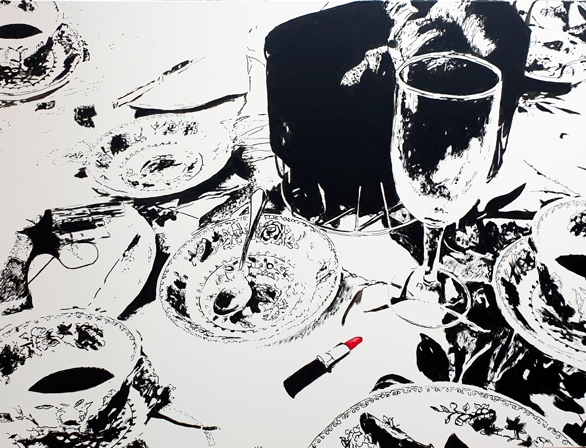 pintura en blanco y negro de una cena