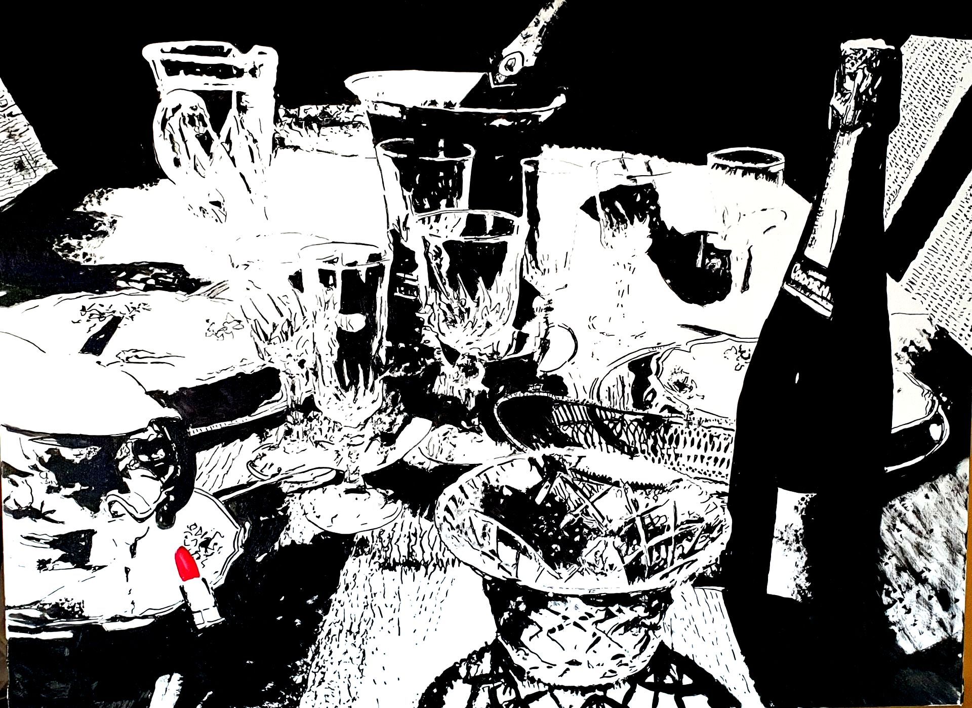 a black and white painting of a table with a bottle of wine