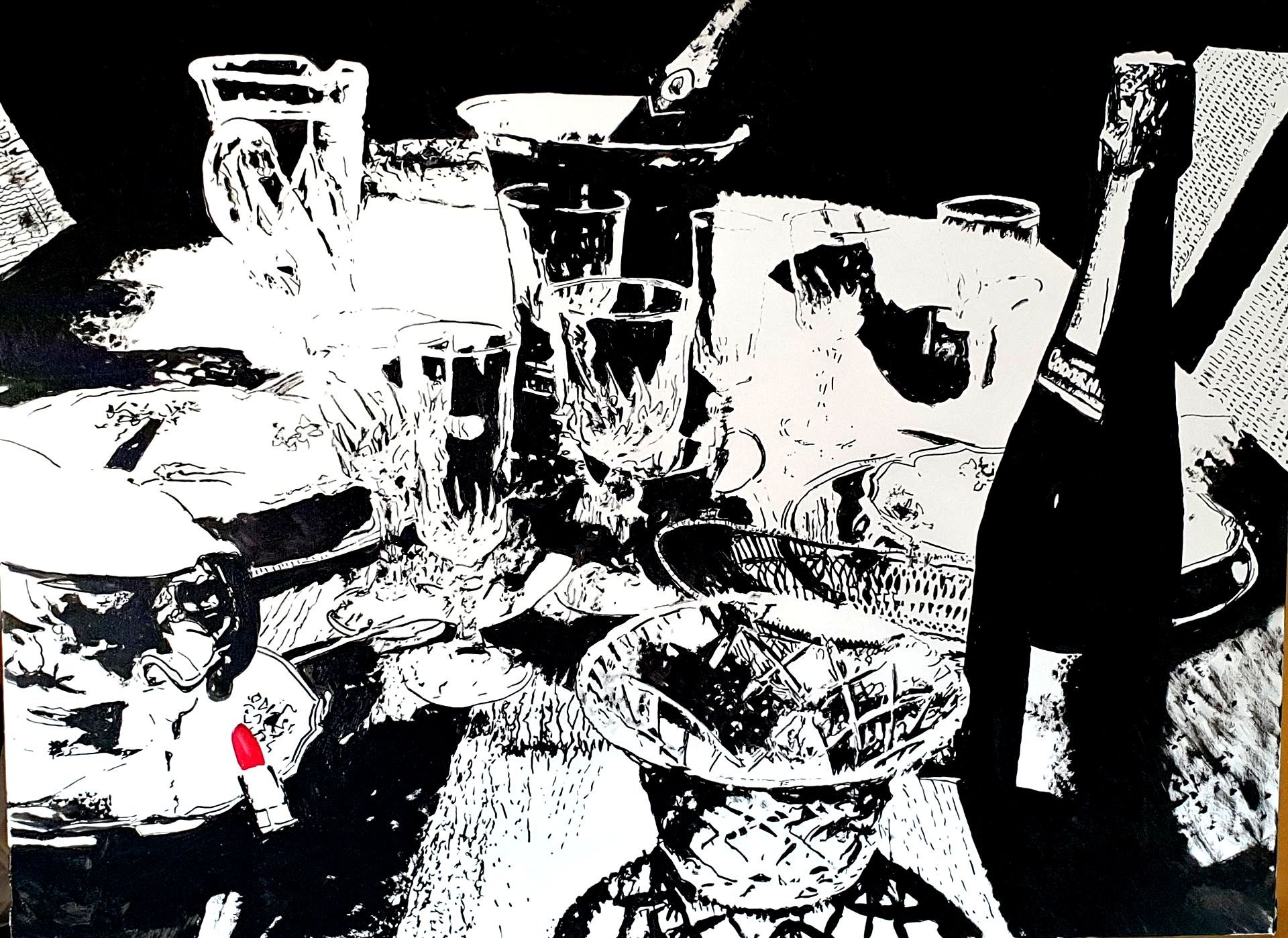a black and white painting of a table with a bottle of wine by garbade