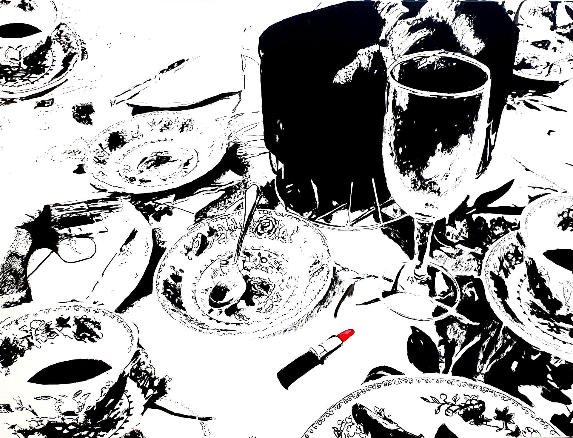 a black and white drawing of a table with plates and glasses