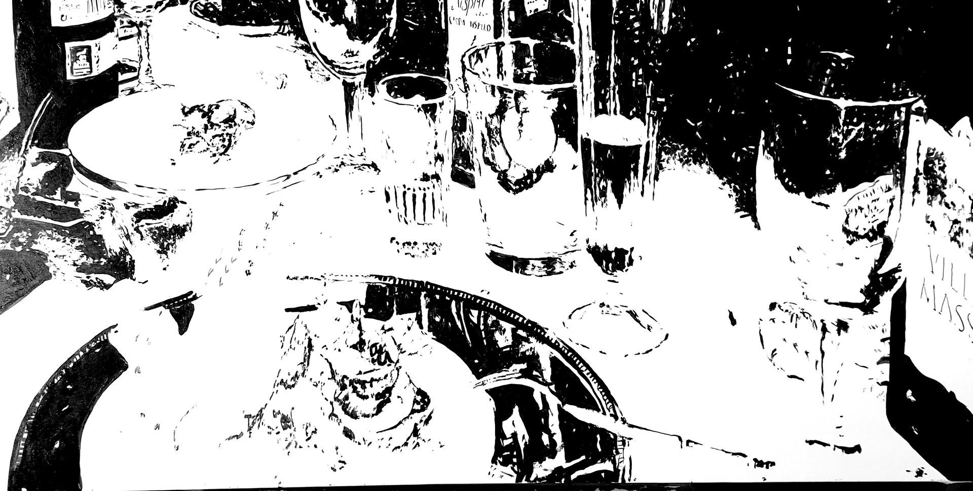 a black and white painting of a table with a lot of glasses on it.
