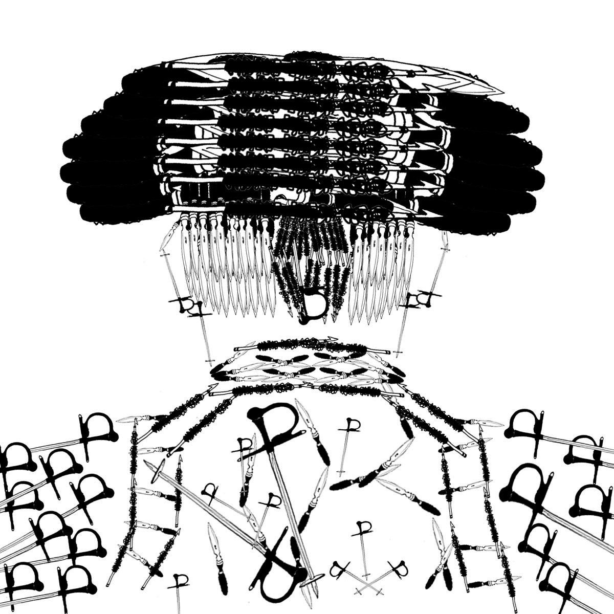 a black and white drawing of a matador done with swords