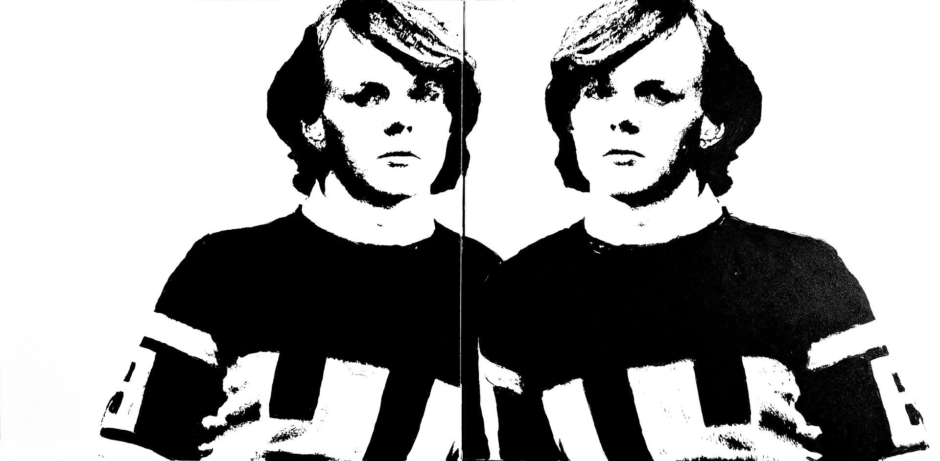 Two identical portraits of a person with long hair, wearing a dark shirt with white stripes.