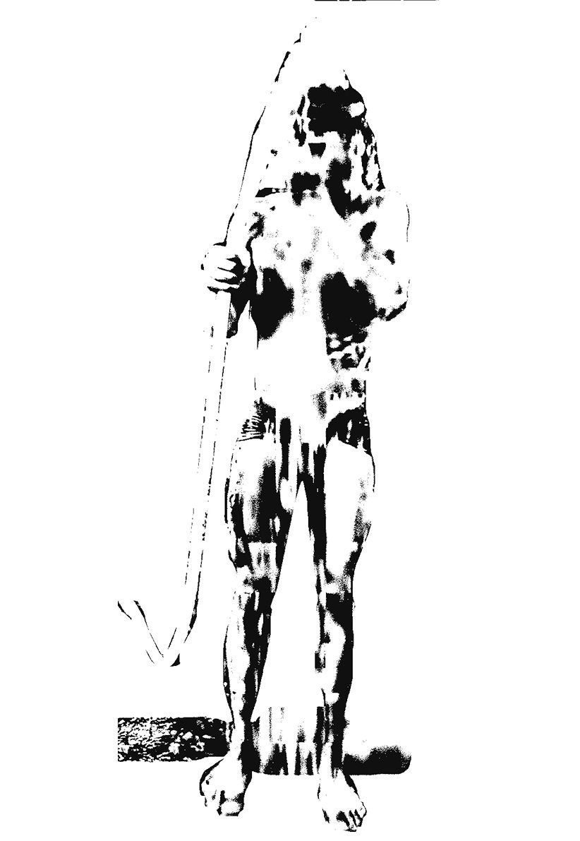 A high-contrast black-and-white image of a person standing, holding a long, thin cord or wire hanging down beside them.