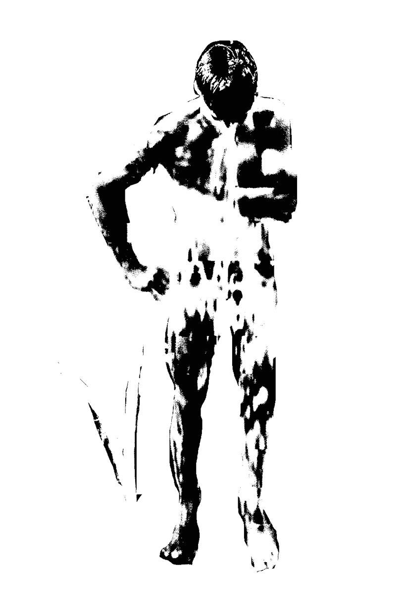 A high-contrast, black-and-white graphic of a standing figure  by artist garbade