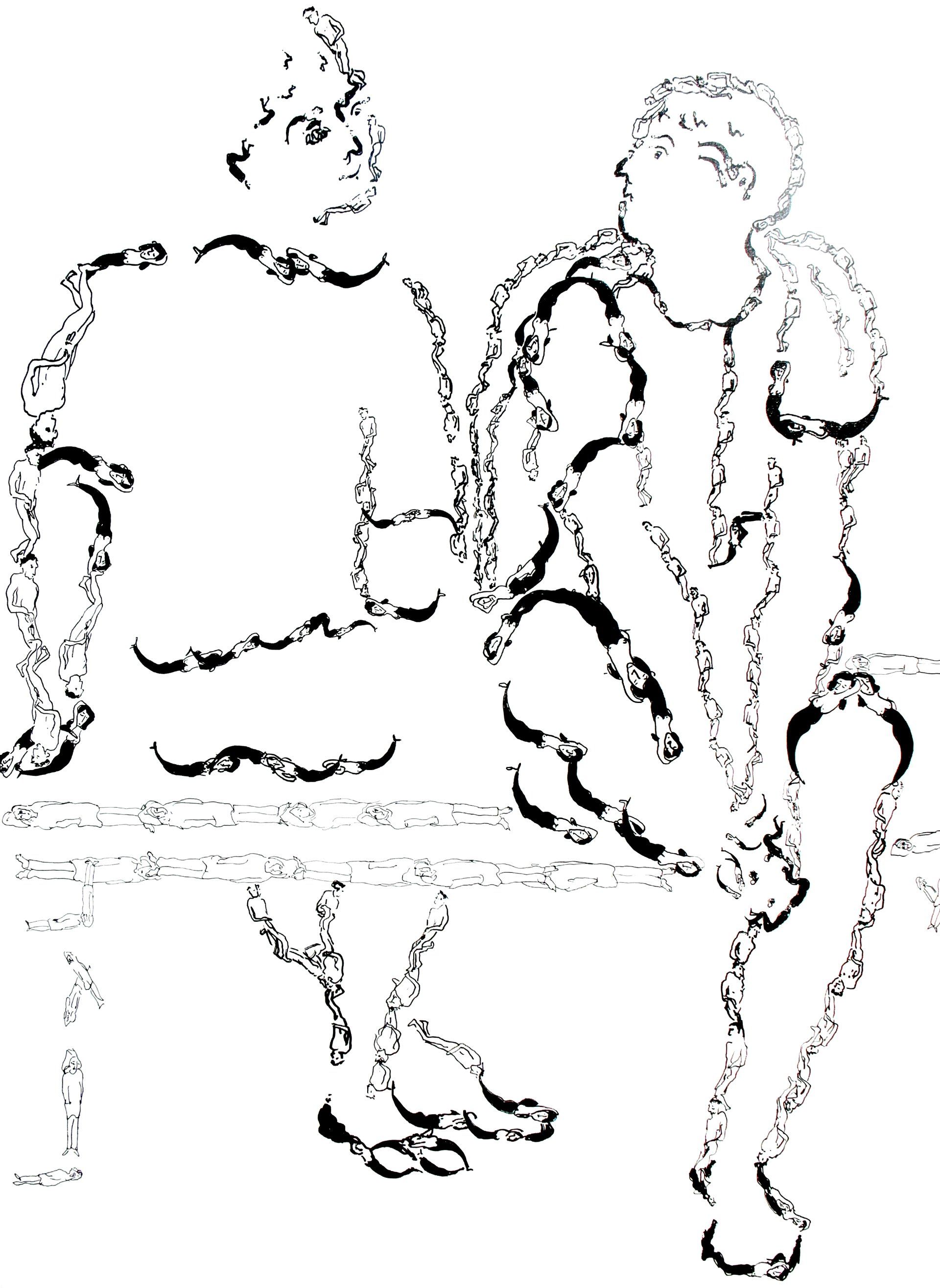 a black and white drawing of two people sitting next to each other.