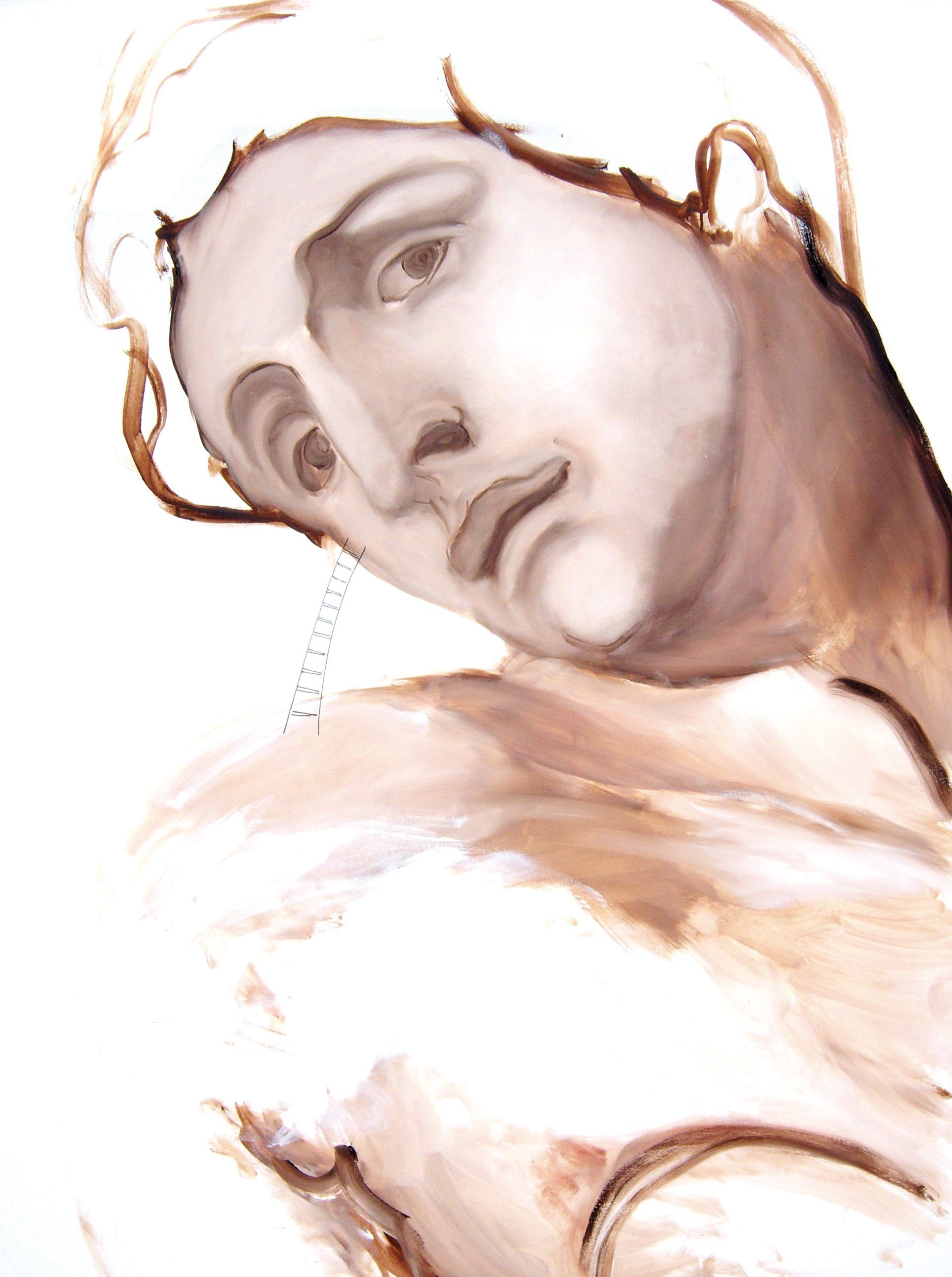 a painting of a man 's face on a white background reminding Miguel Angelo by artist Garbade