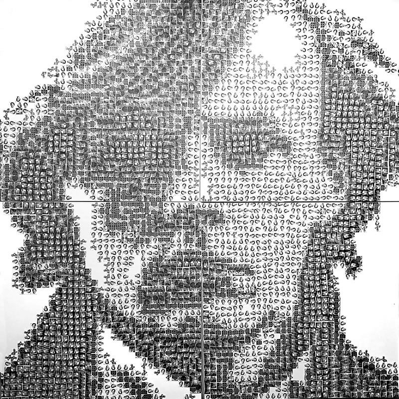 a black and white collage of a man 's face made up of drawings