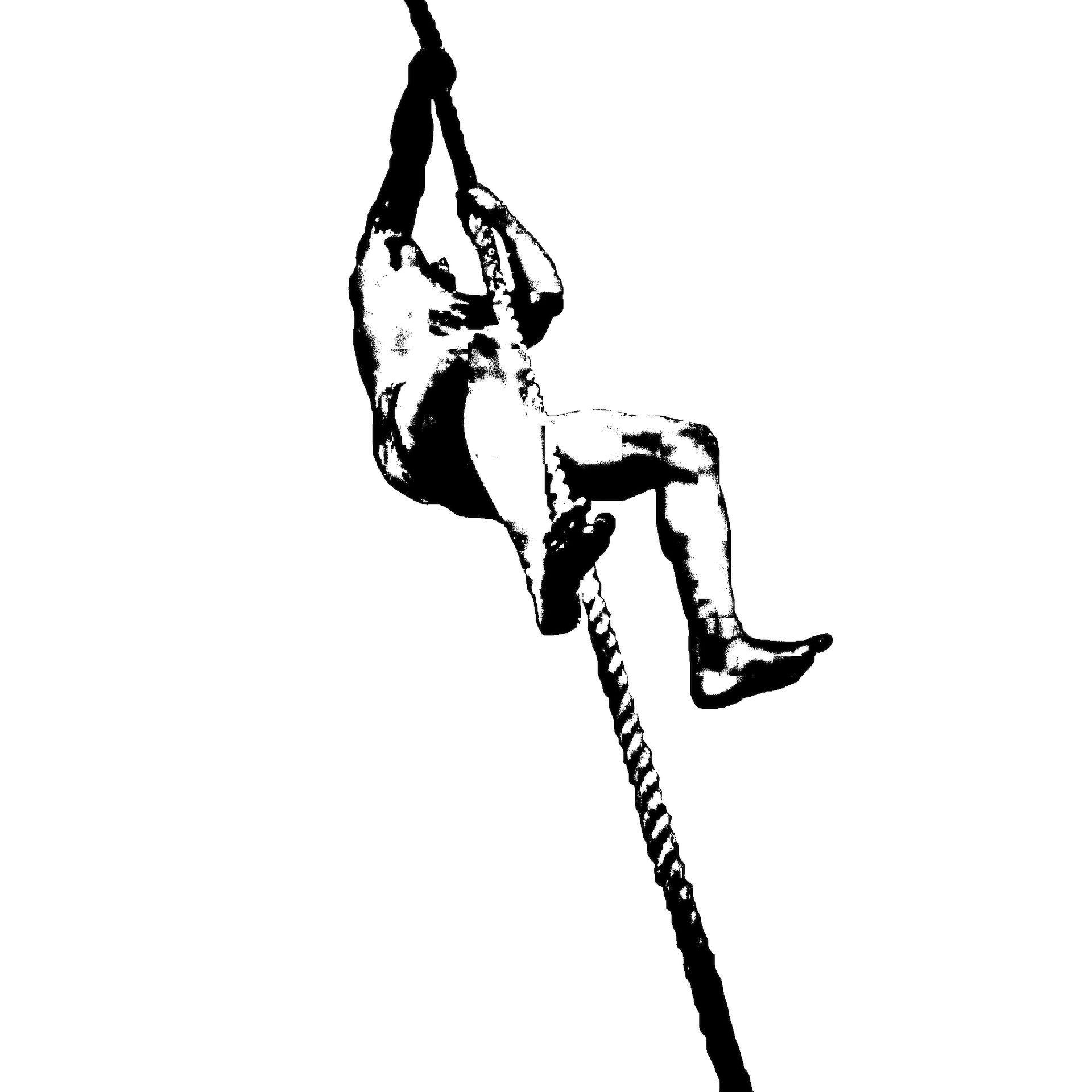 A high-contrast black and white graphic of a person climbing a vertical rope.