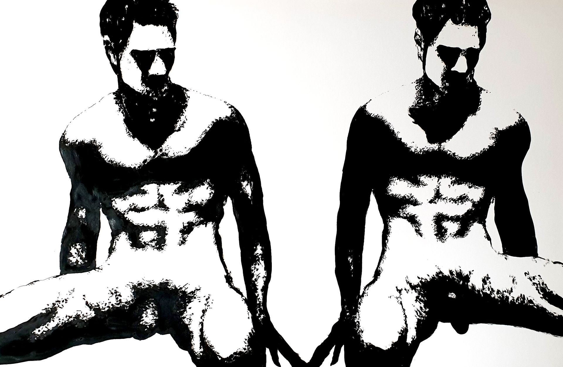 Two black and white illustrations of a seated nude man, mirrored, with a beard and arms spread.