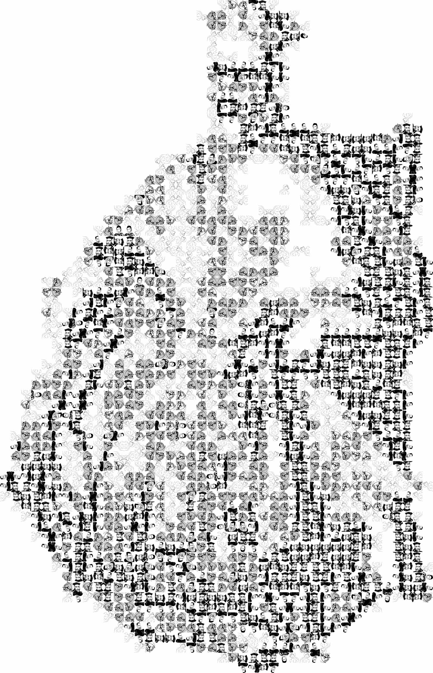 it is a black and white collage of a pope by garbade.