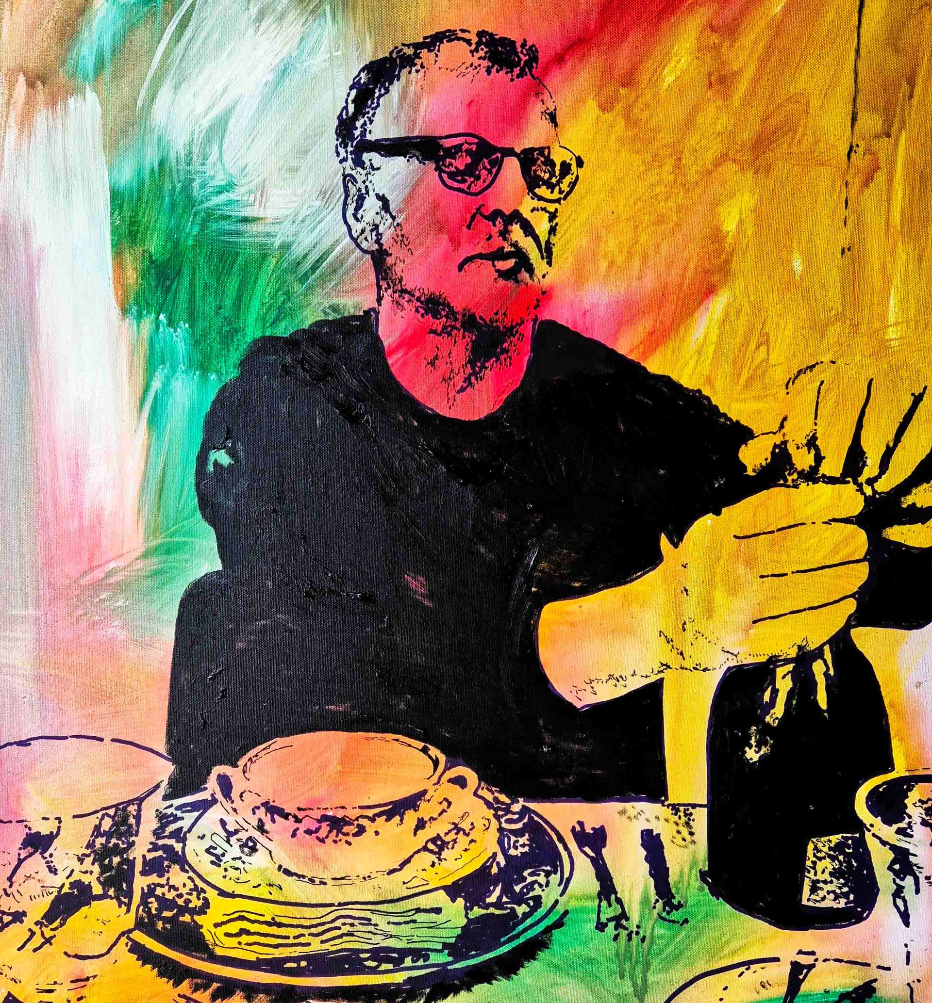 A vibrant, colorful artistic portrait of Garbade sitting at a table and holding a bottle, with a bowl nearby.