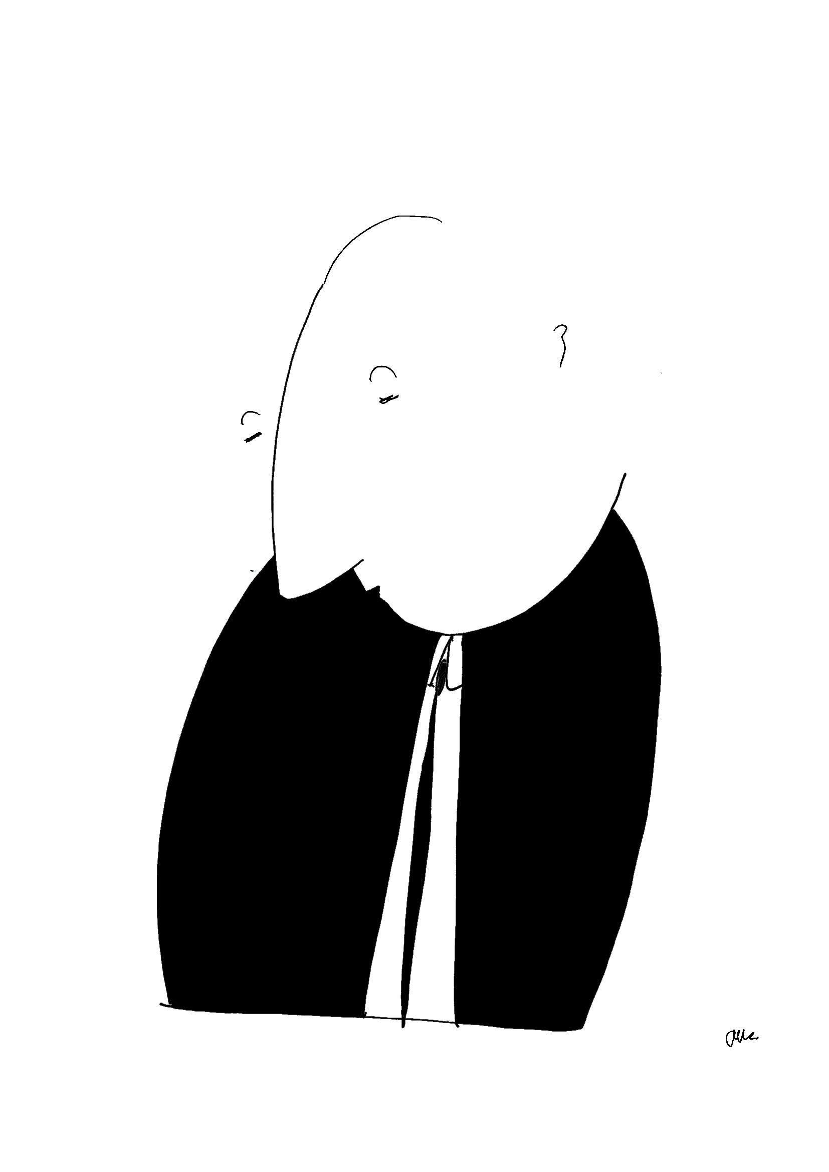 A bald man in a black suit looking up, with a white shirt and tie.