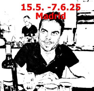 A black and white drawing of a man  madrid