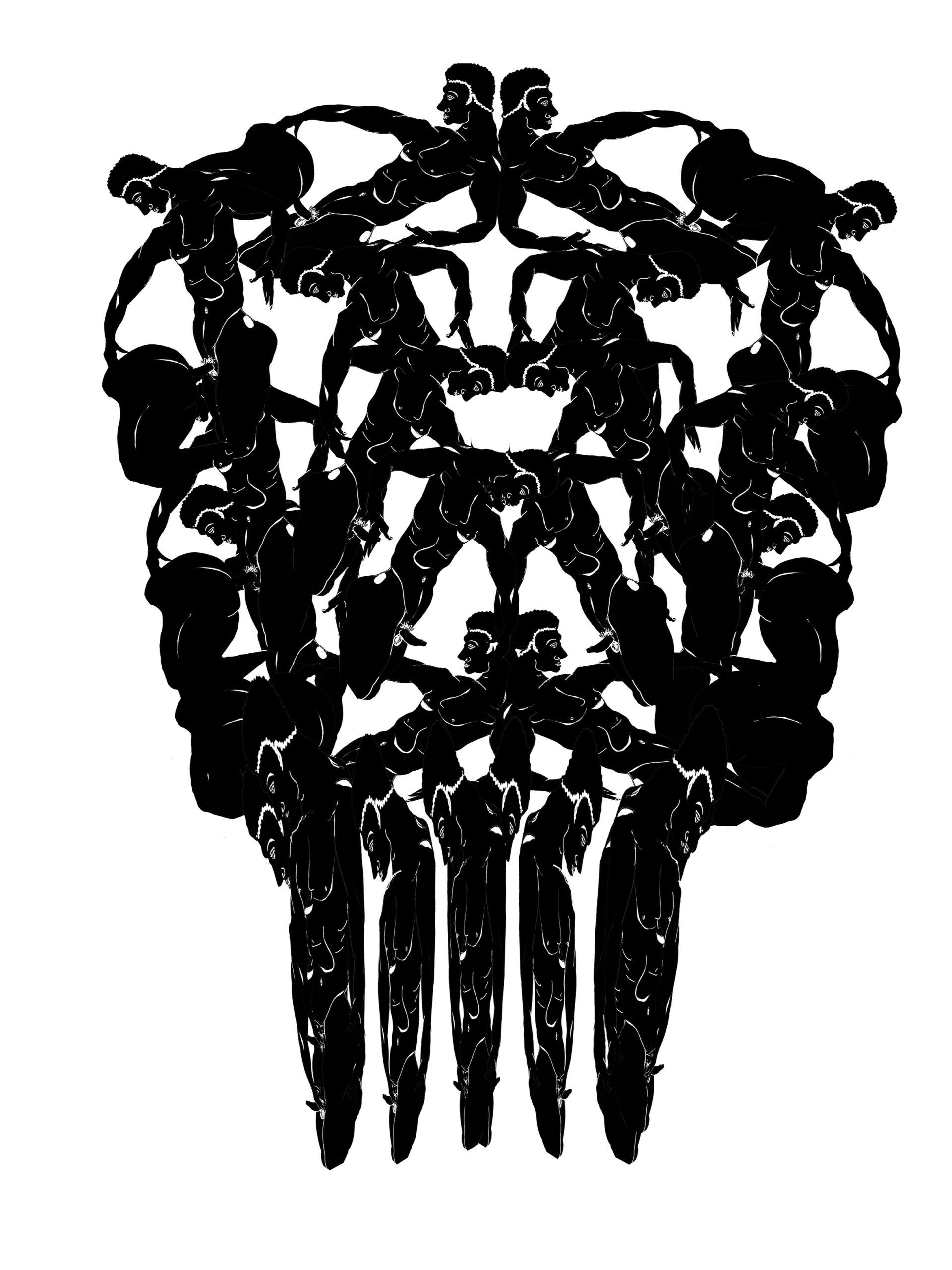 a black and white drawing of a comb with naked men on a white background.