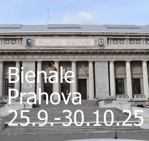 Cartel de la Bienal Internacional de Prahoua 2025: Gráficos en violeta, dorado y negro, fechas 25.9.-30.10.2025,