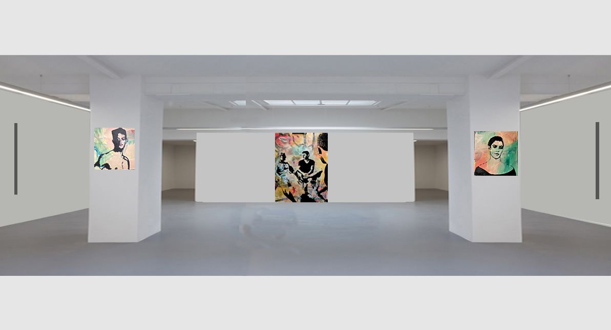 Galería de arte garbade con paredes blancas, suelo gris y cuadros coloridos expuestos sobre columnas.