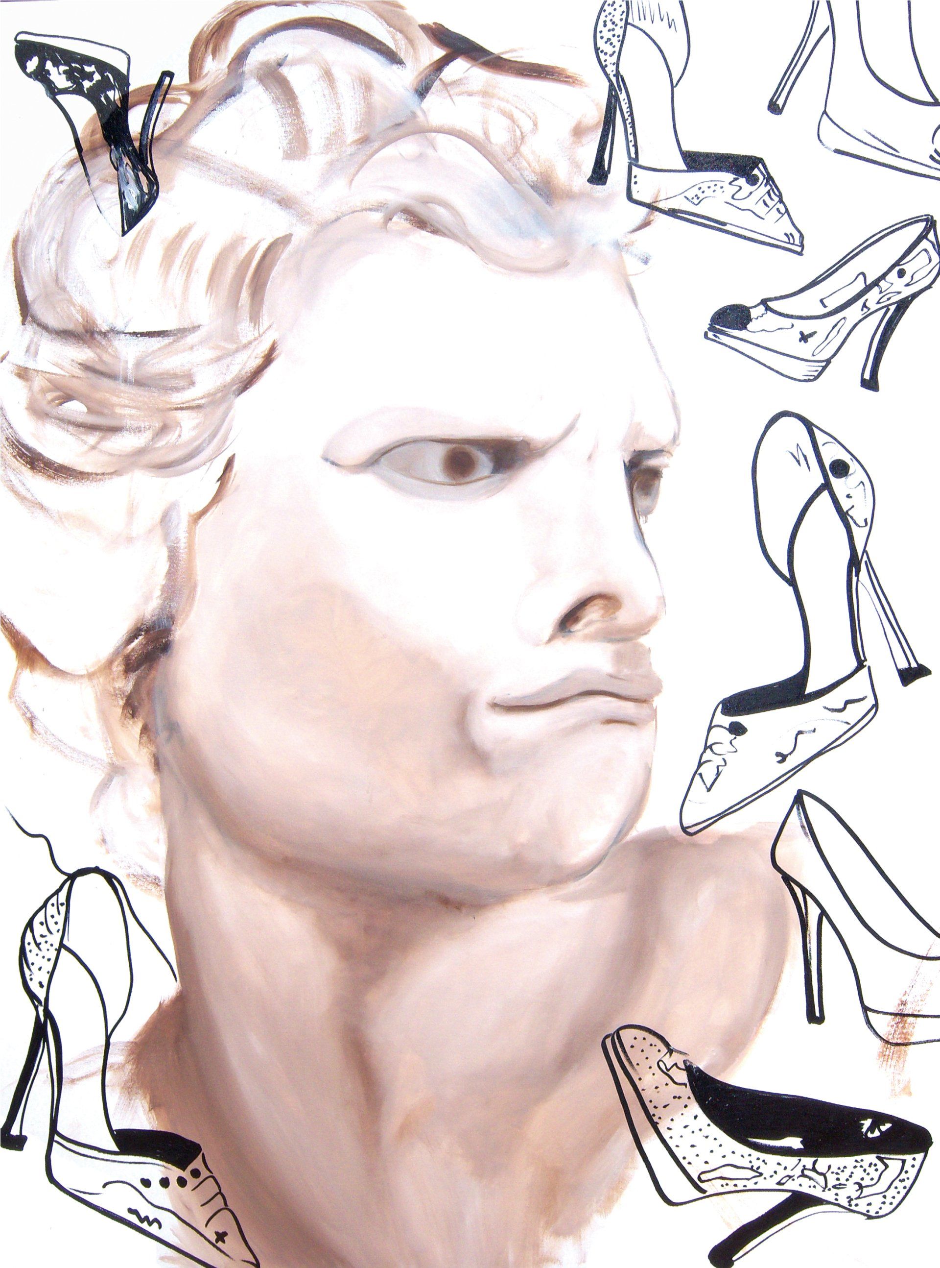 a painting of a man surrounded by high heels