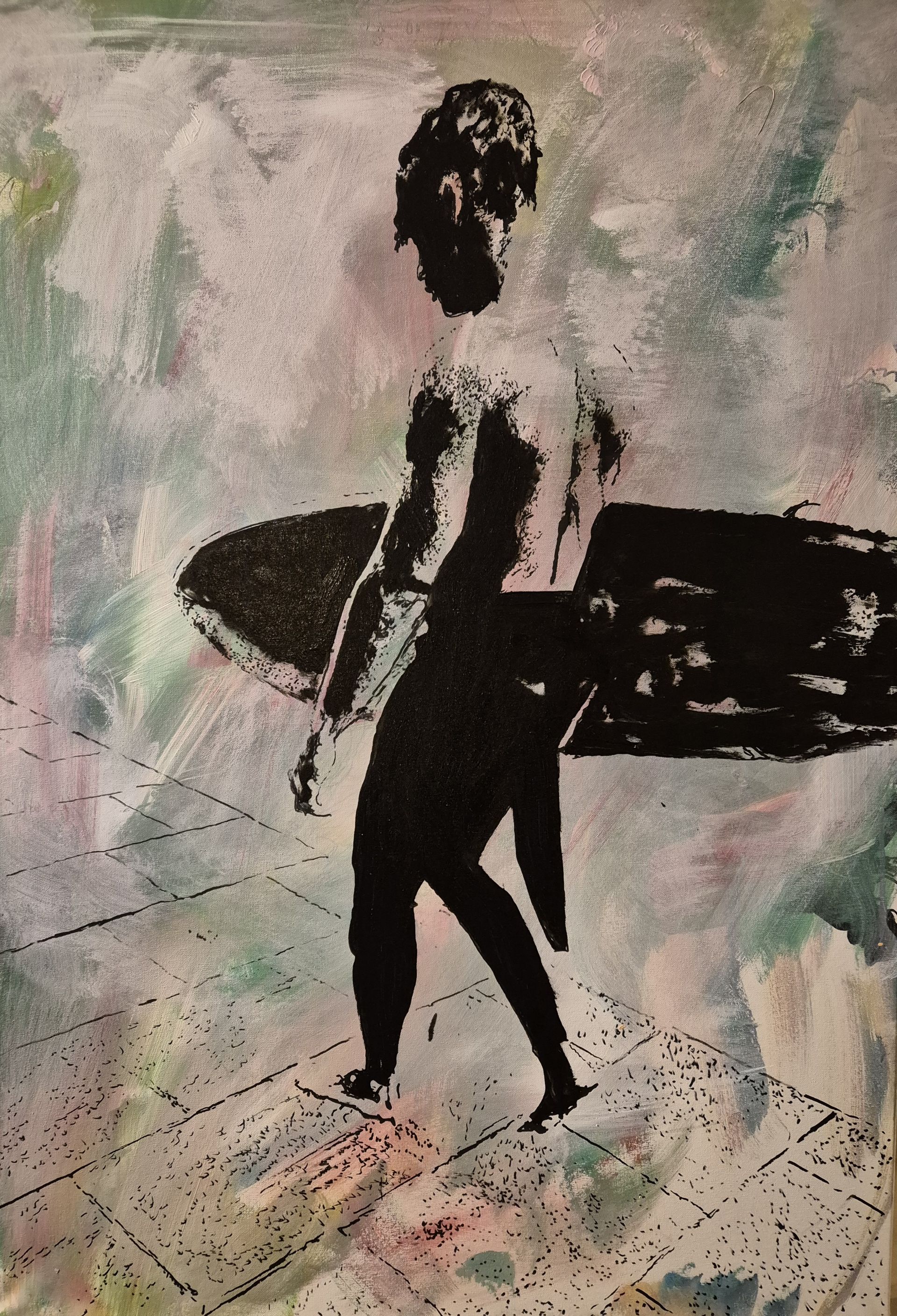 A stylized, high-contrast illustration of a person carrying a surfboard across a textured, abstract background.