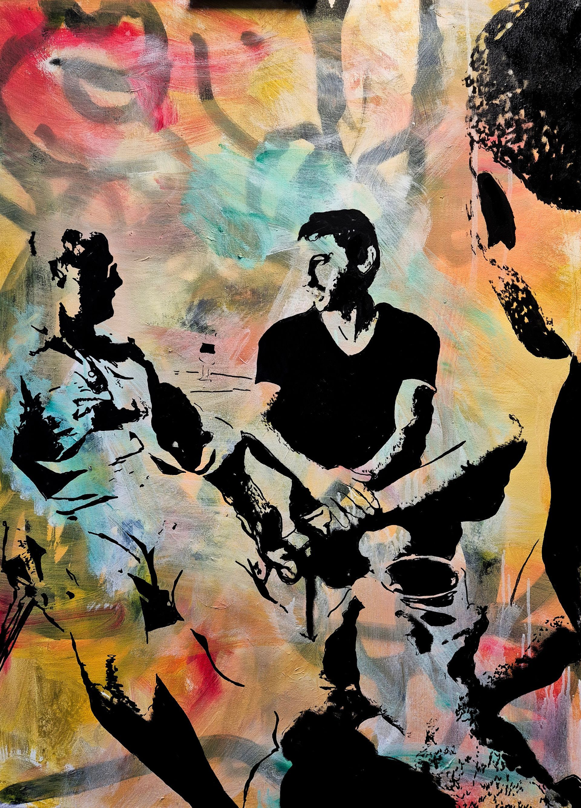  painting by garbade of three seated men in bold black, pink, blue, and orange tones.