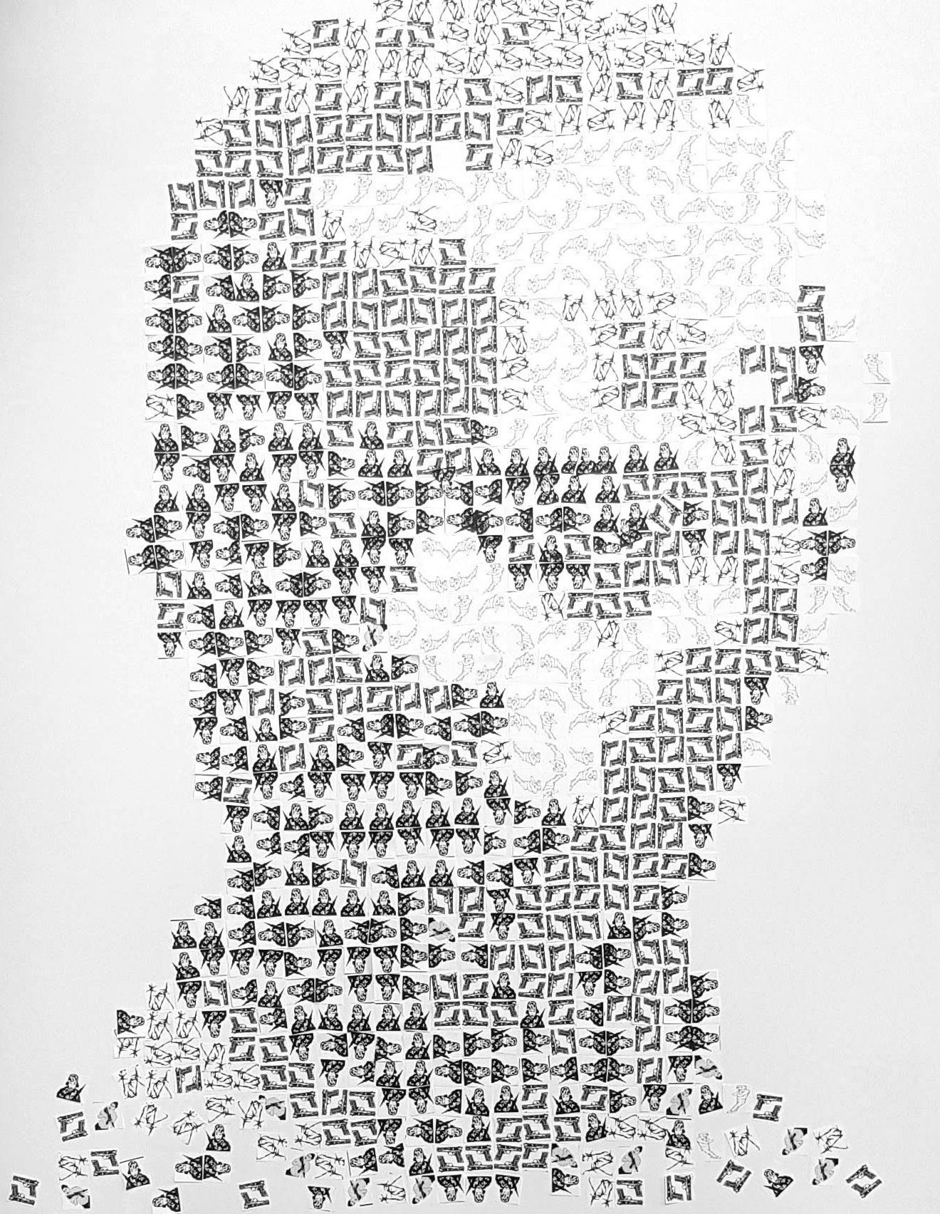 a black and white drawing of a man's face made up of guns by artist Garbade