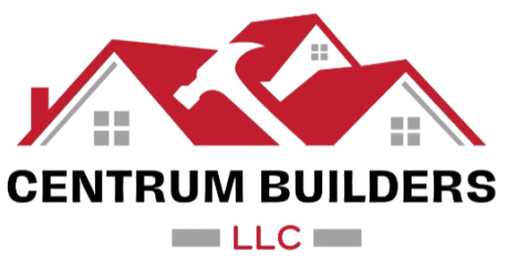 The logo for centrum builders llc shows a house with a red roof.
