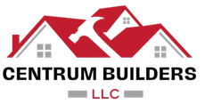 The logo for centrum builders llc shows a house with a red roof.